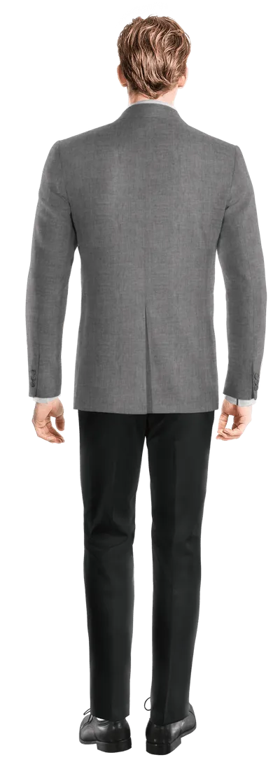 Light gray linen double-breasted blazer.