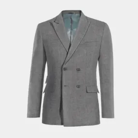 Light gray linen double-breasted blazer.