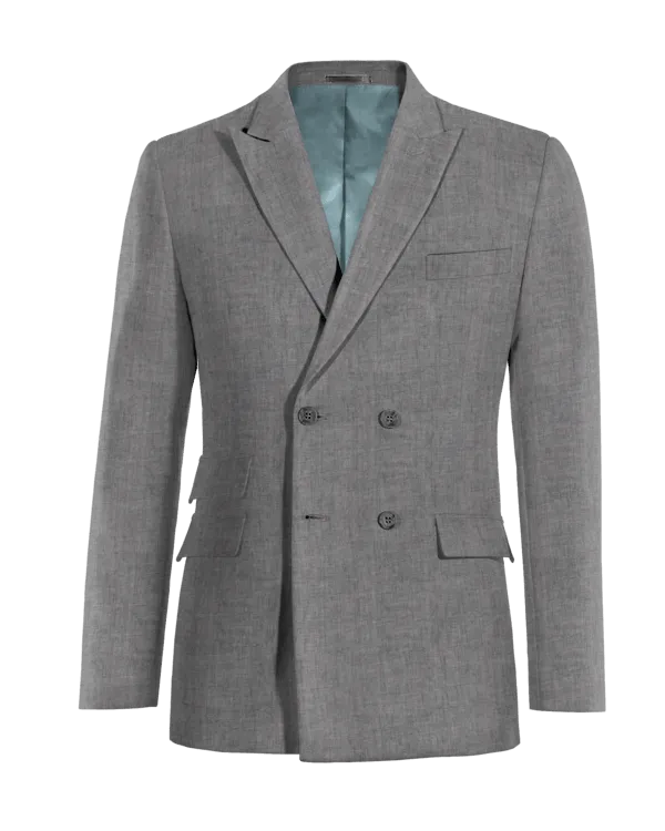 Light gray linen double-breasted blazer.