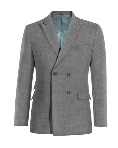 Light gray linen double-breasted blazer.