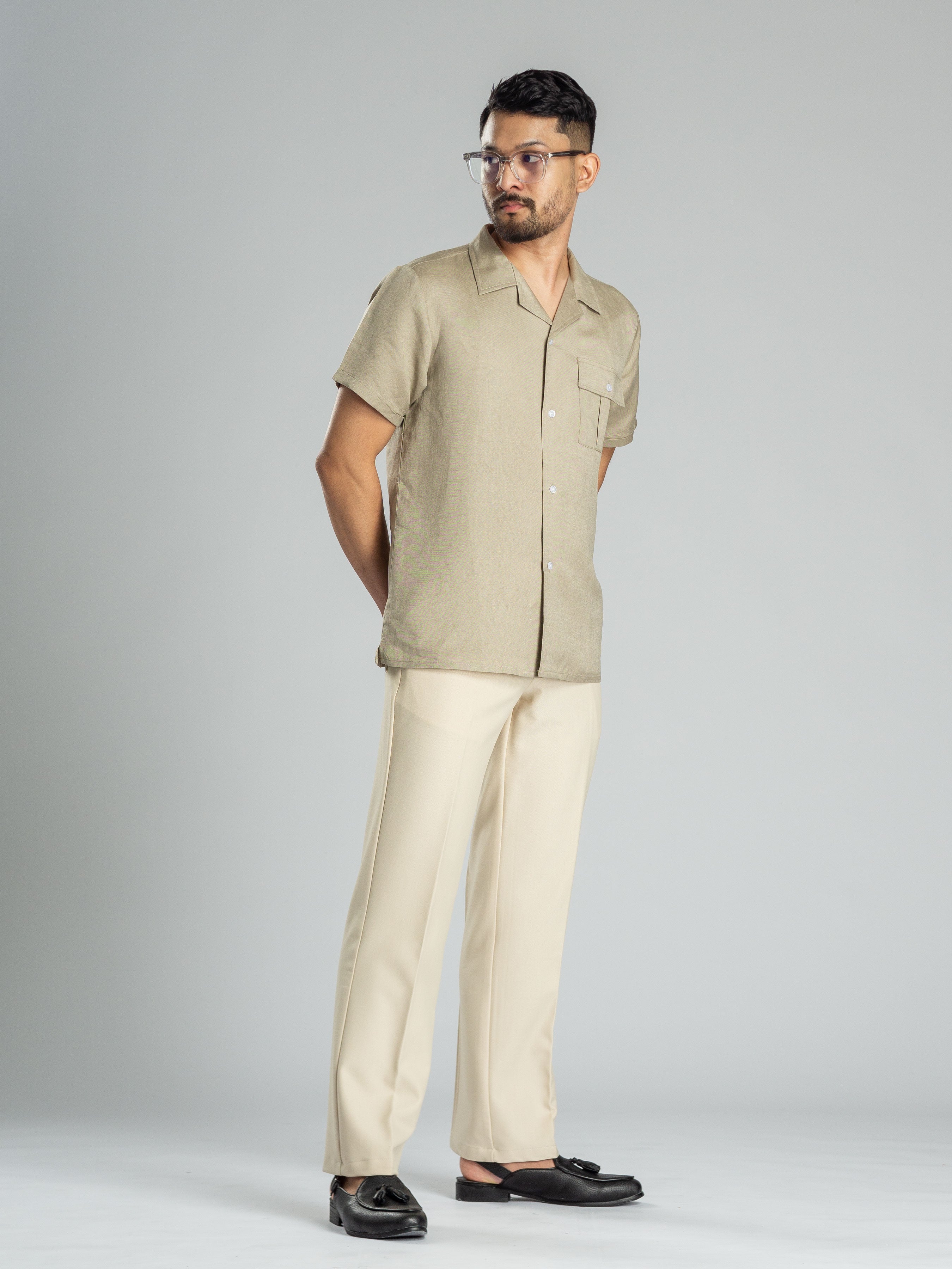 Linen Cuban Collar Shirt - Beige: Men's | Shop Online