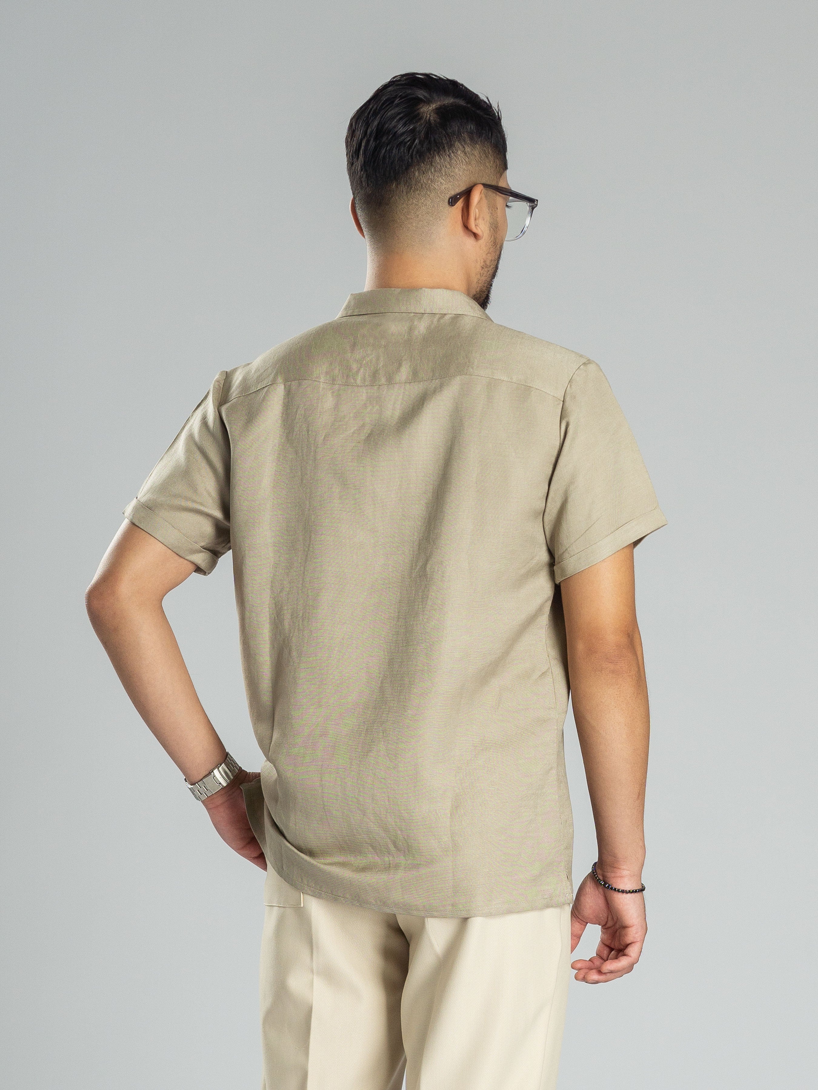 Linen Cuban Collar Shirt - Beige: Men's | Shop Online