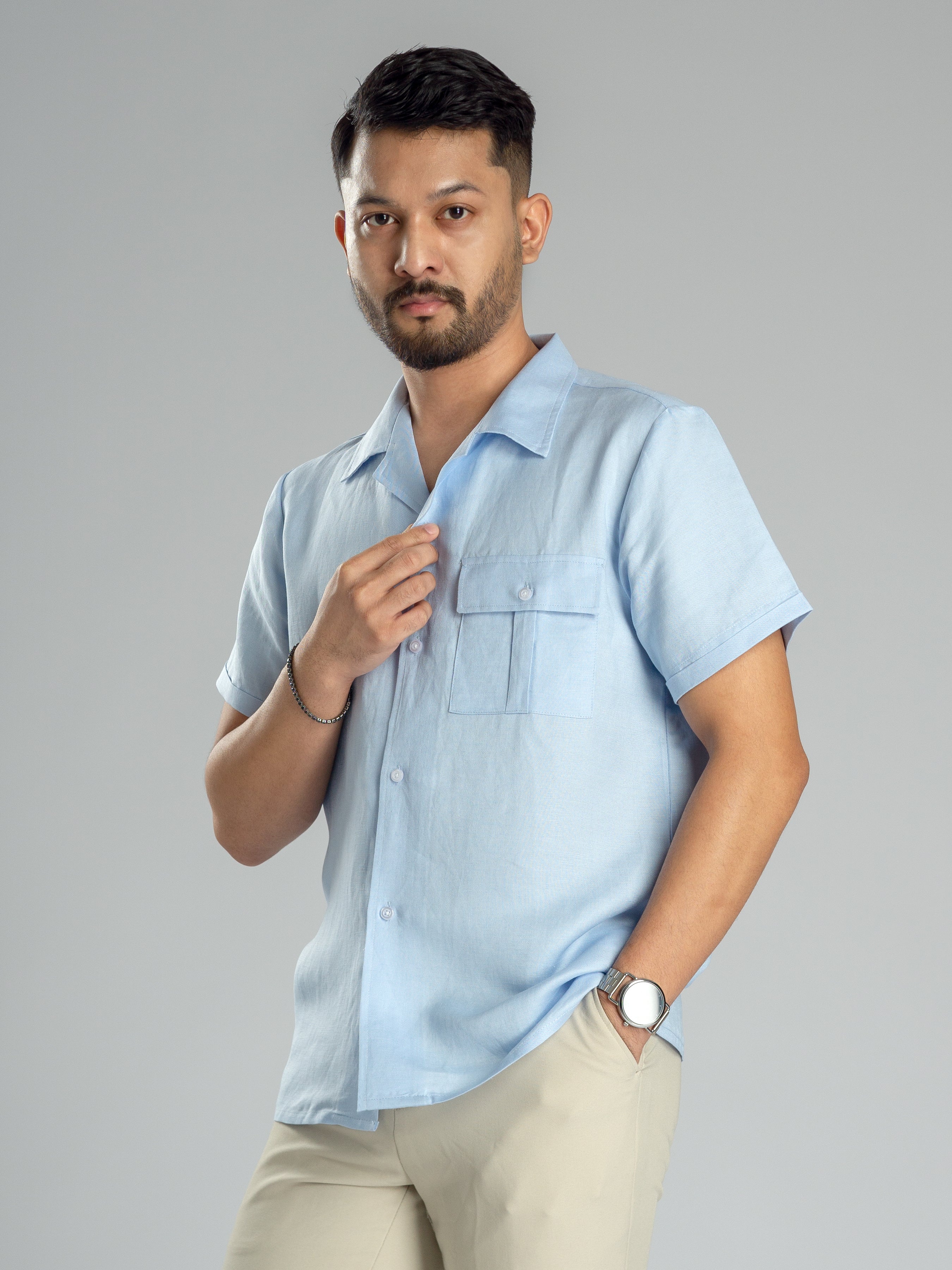 Linen Cuban Collar Shirt - Blue