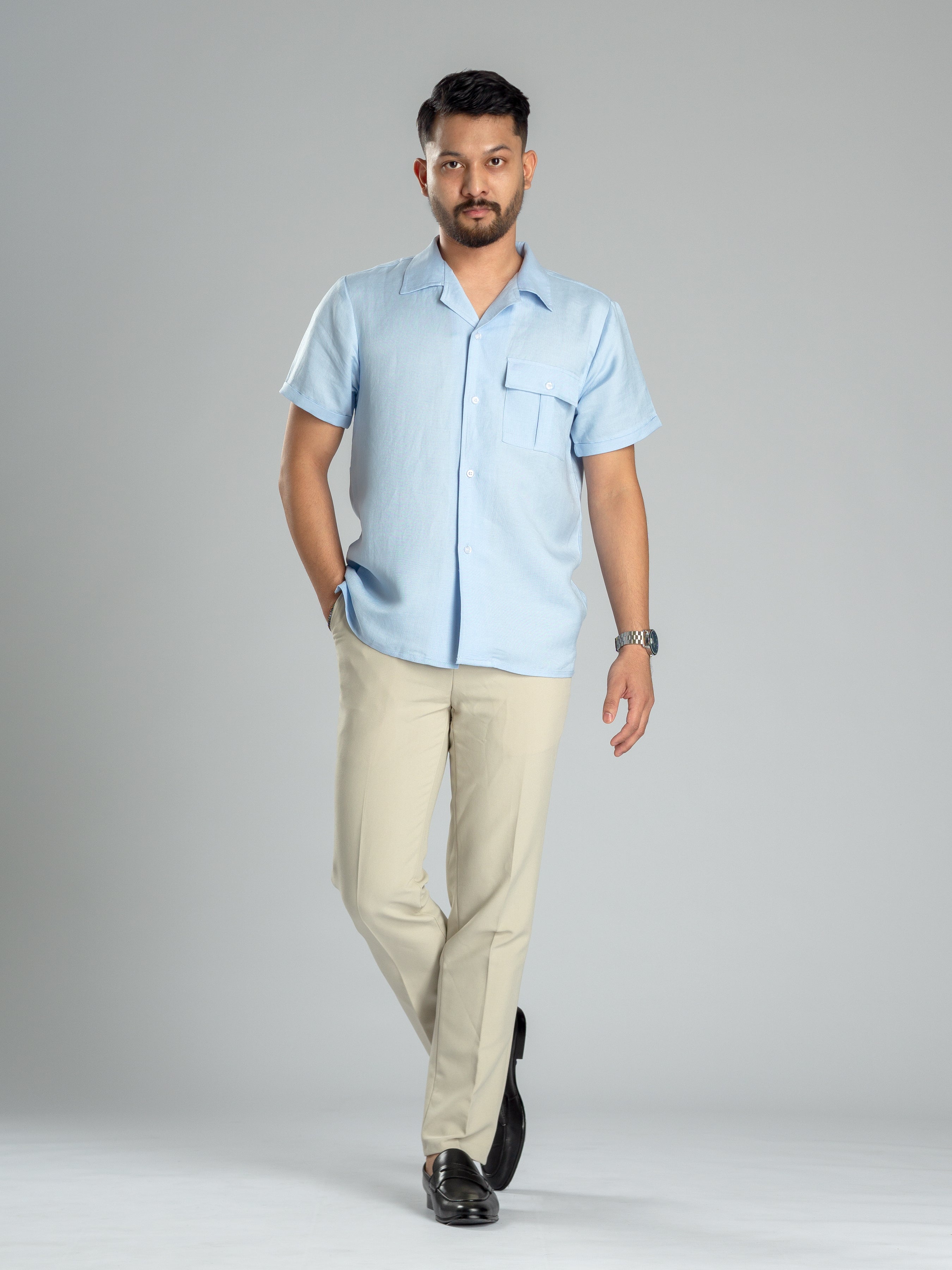 Linen Cuban Collar Shirt - Blue