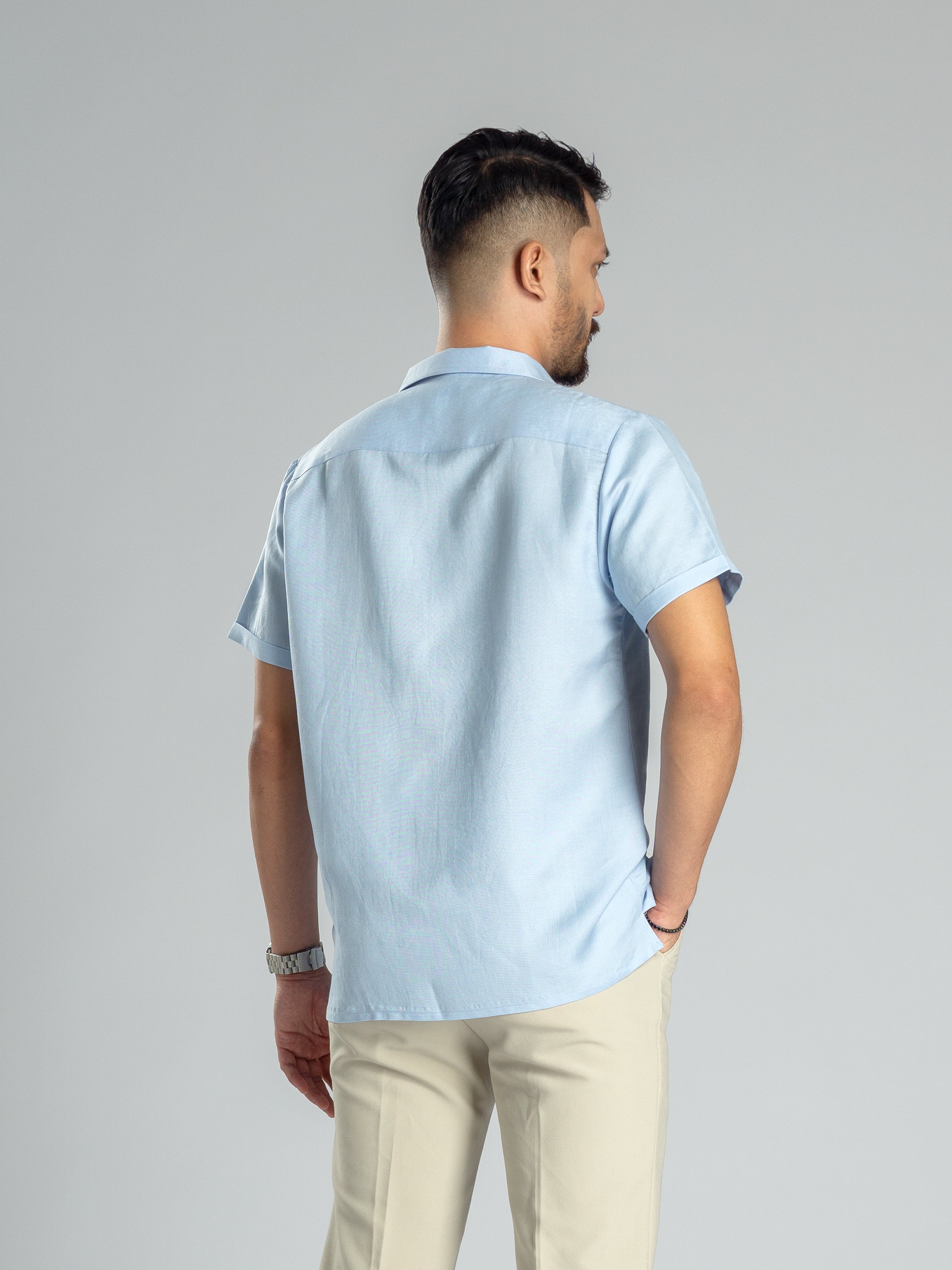 Linen Cuban Collar Shirt - Blue