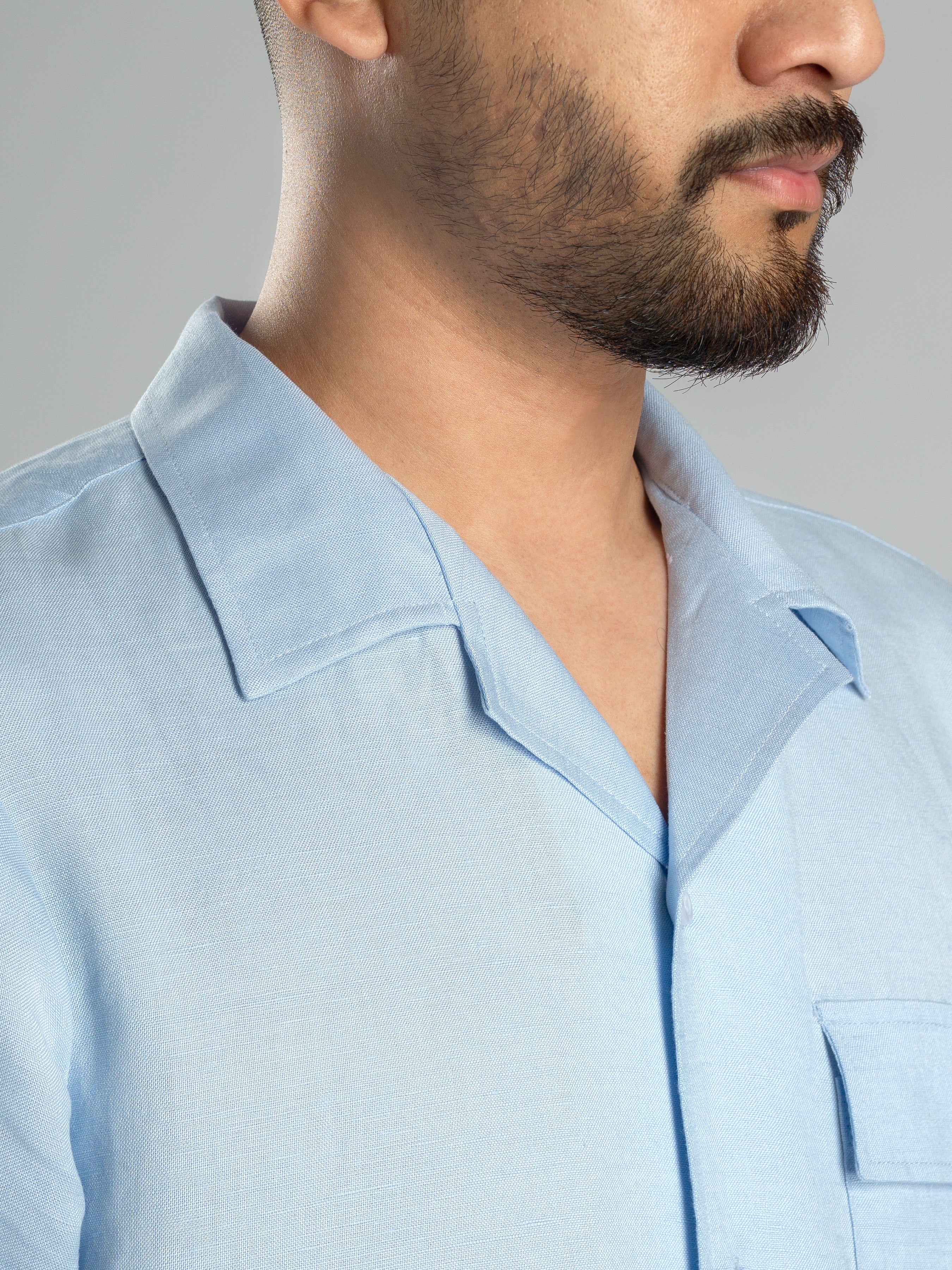 Linen Cuban Collar Shirt - Blue