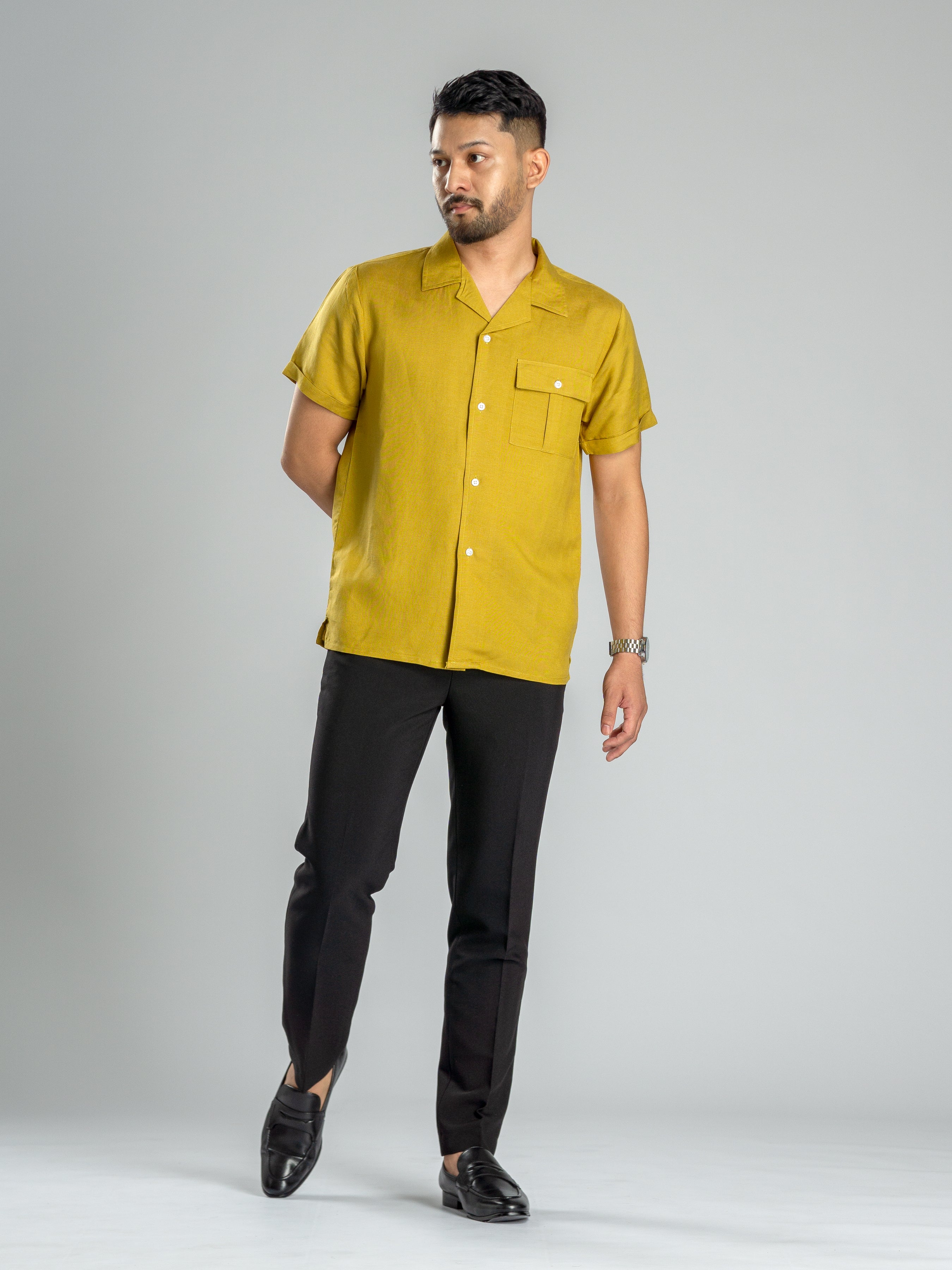 Linen Cuban Collar Shirt - Olive, Warm, Green