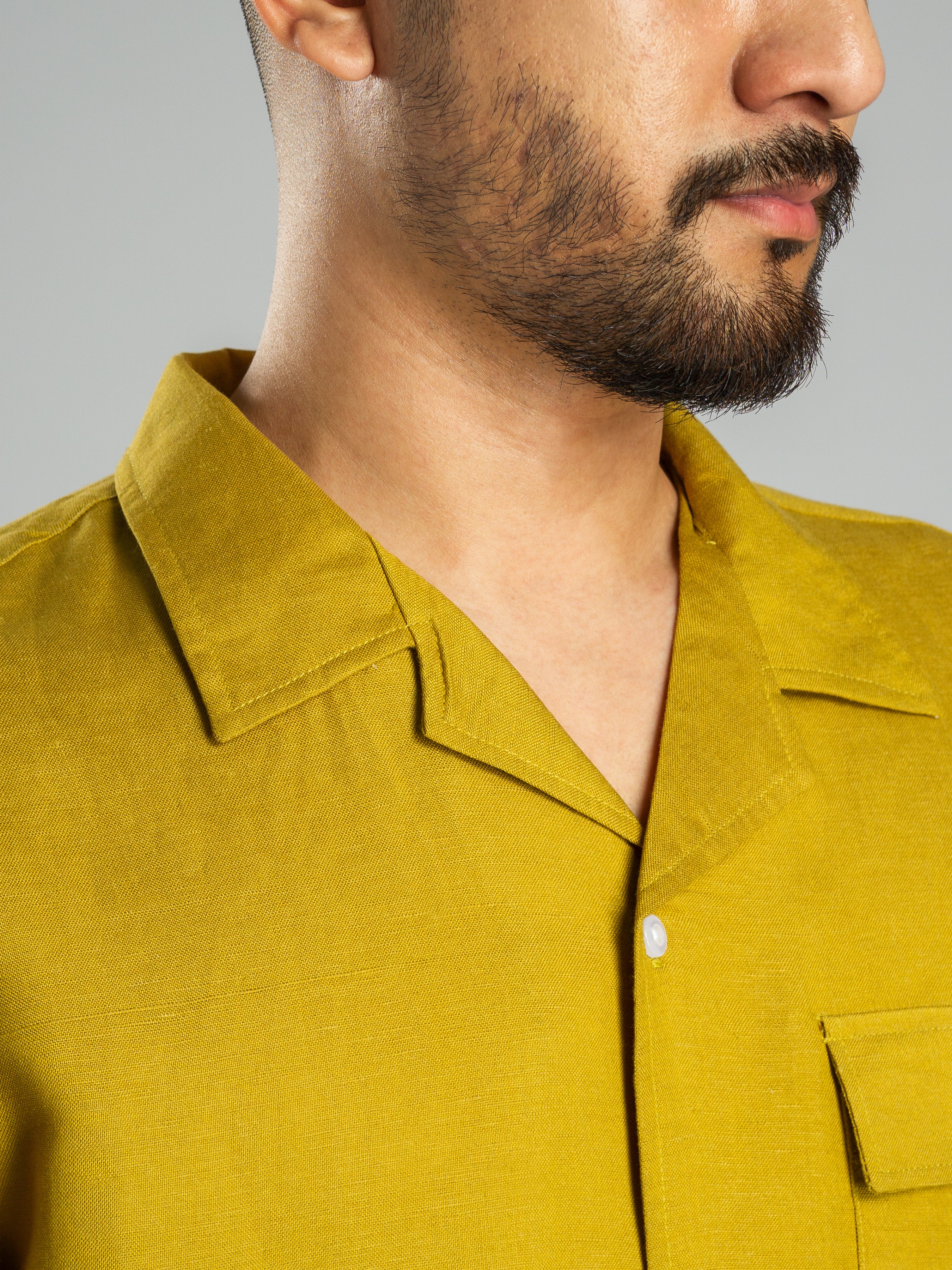 Linen Cuban Collar Shirt - Olive, Warm, Green