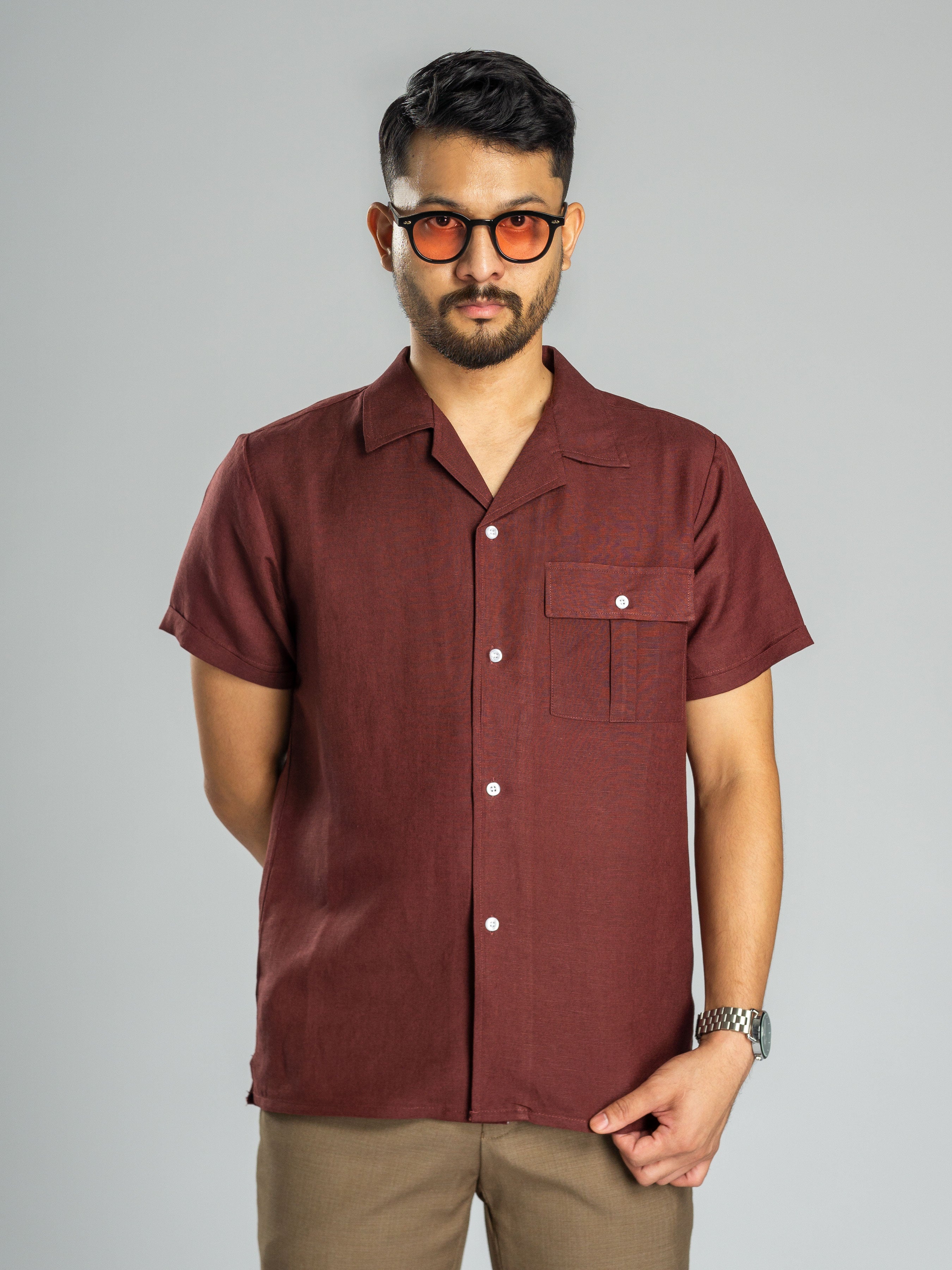 Linen Wine Cuban Collar Shirt