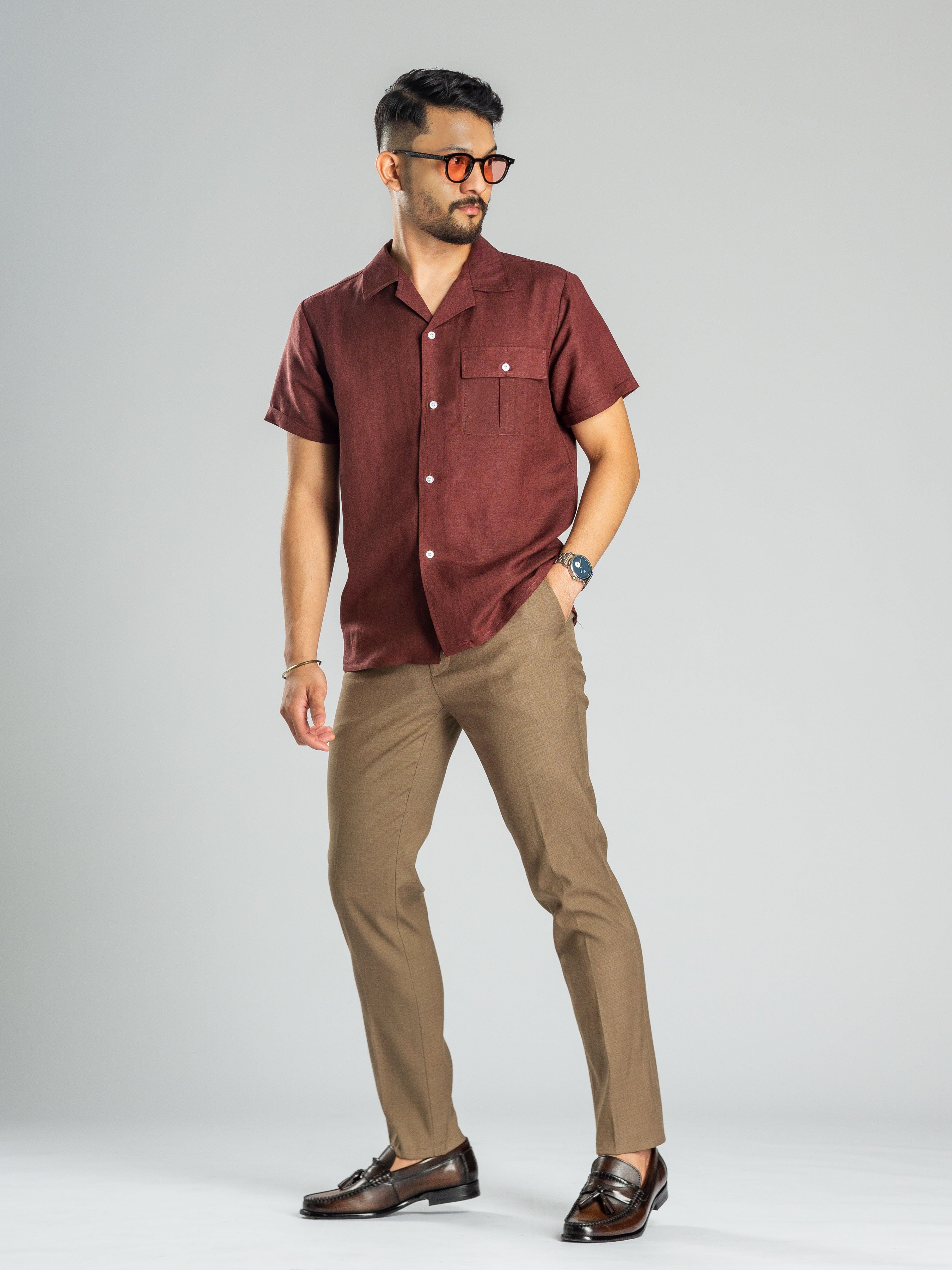 Linen Wine Cuban Collar Shirt