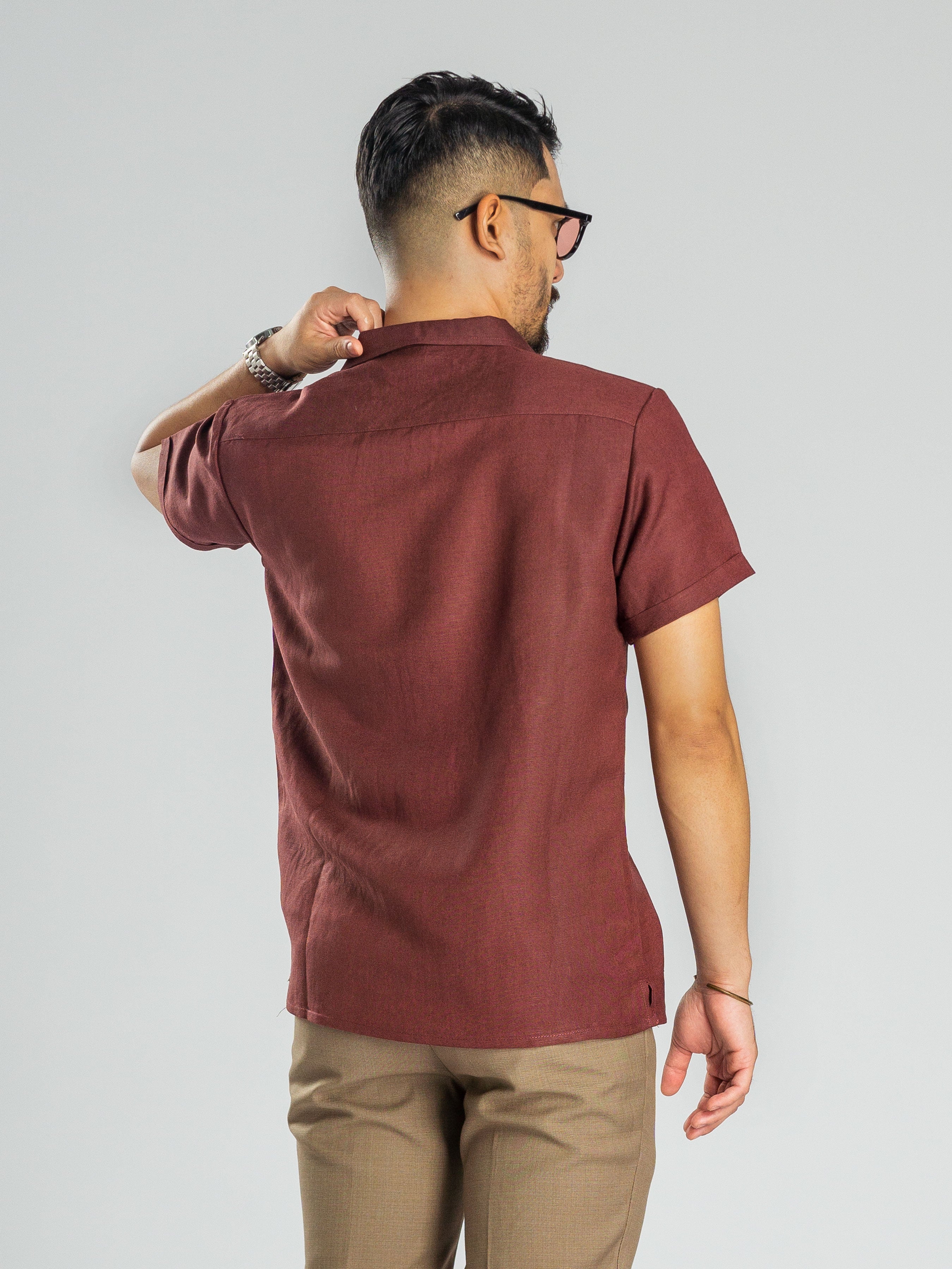 Linen Wine Cuban Collar Shirt