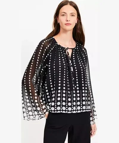 Dotted Tie Neck Blouse with Flare Sleeves from Loft