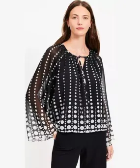 Dotted Tie Neck Blouse with Flare Sleeves from Loft