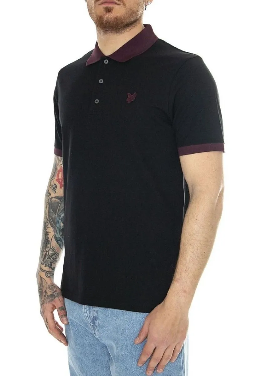 Jet Black/Burgundy Short Sleeve Polo Shirt Tonal Ringer by Lyle & Scott