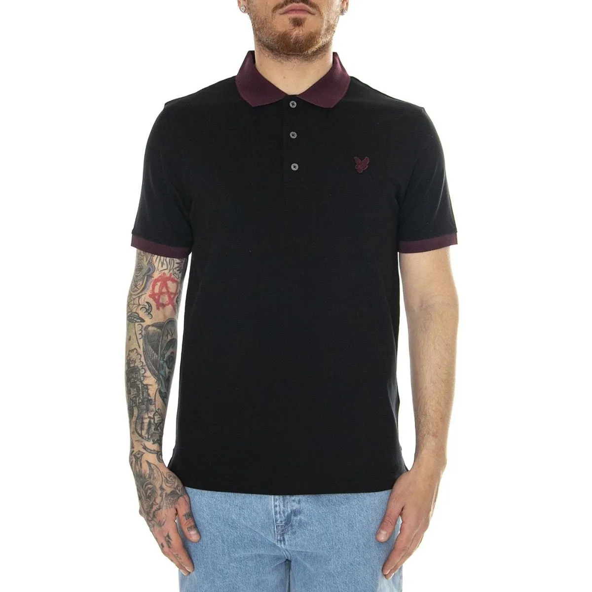 Jet Black/Burgundy Short Sleeve Polo Shirt Tonal Ringer by Lyle & Scott