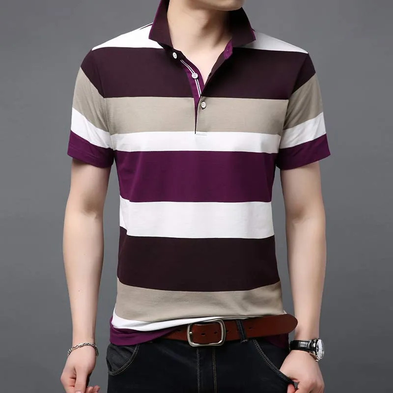 Mens Summer Contrast Color Striped Pattern Short Sleeve Polo Shirt