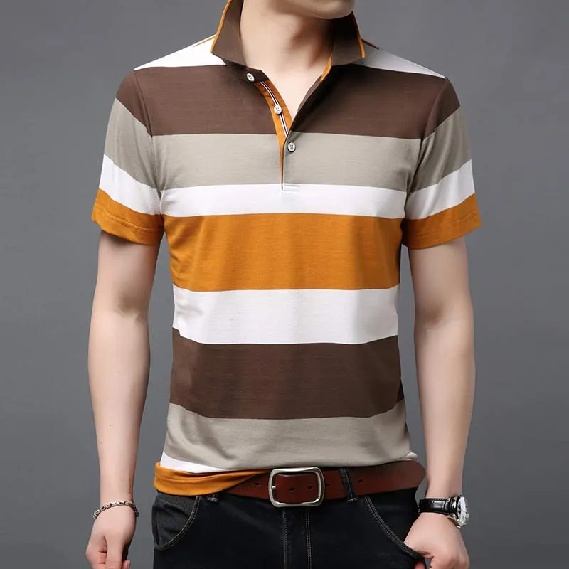 Mens Summer Contrast Color Striped Pattern Short Sleeve Polo Shirt