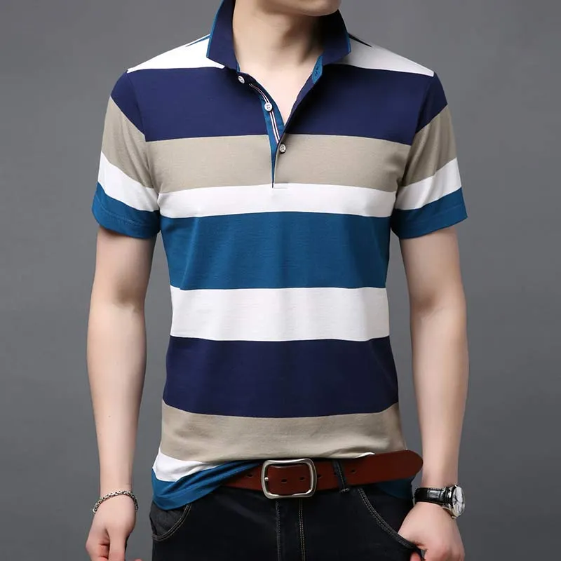 Mens Summer Contrast Color Striped Pattern Short Sleeve Polo Shirt