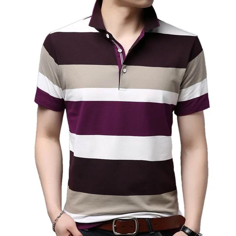 Mens Summer Contrast Color Striped Pattern Short Sleeve Polo Shirt