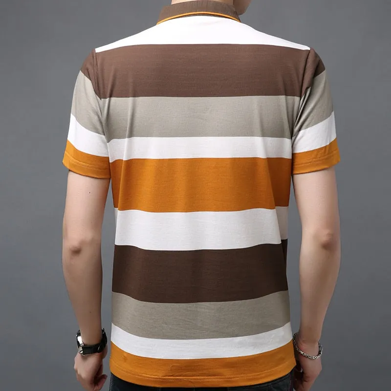 Mens Summer Contrast Color Striped Pattern Short Sleeve Polo Shirt