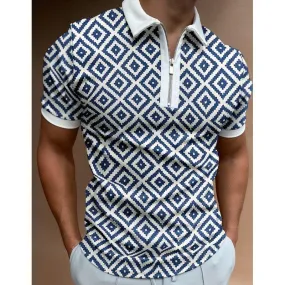 White Blue Vintage Men's Streetwear Short Sleeve Zipper Polo Shirt