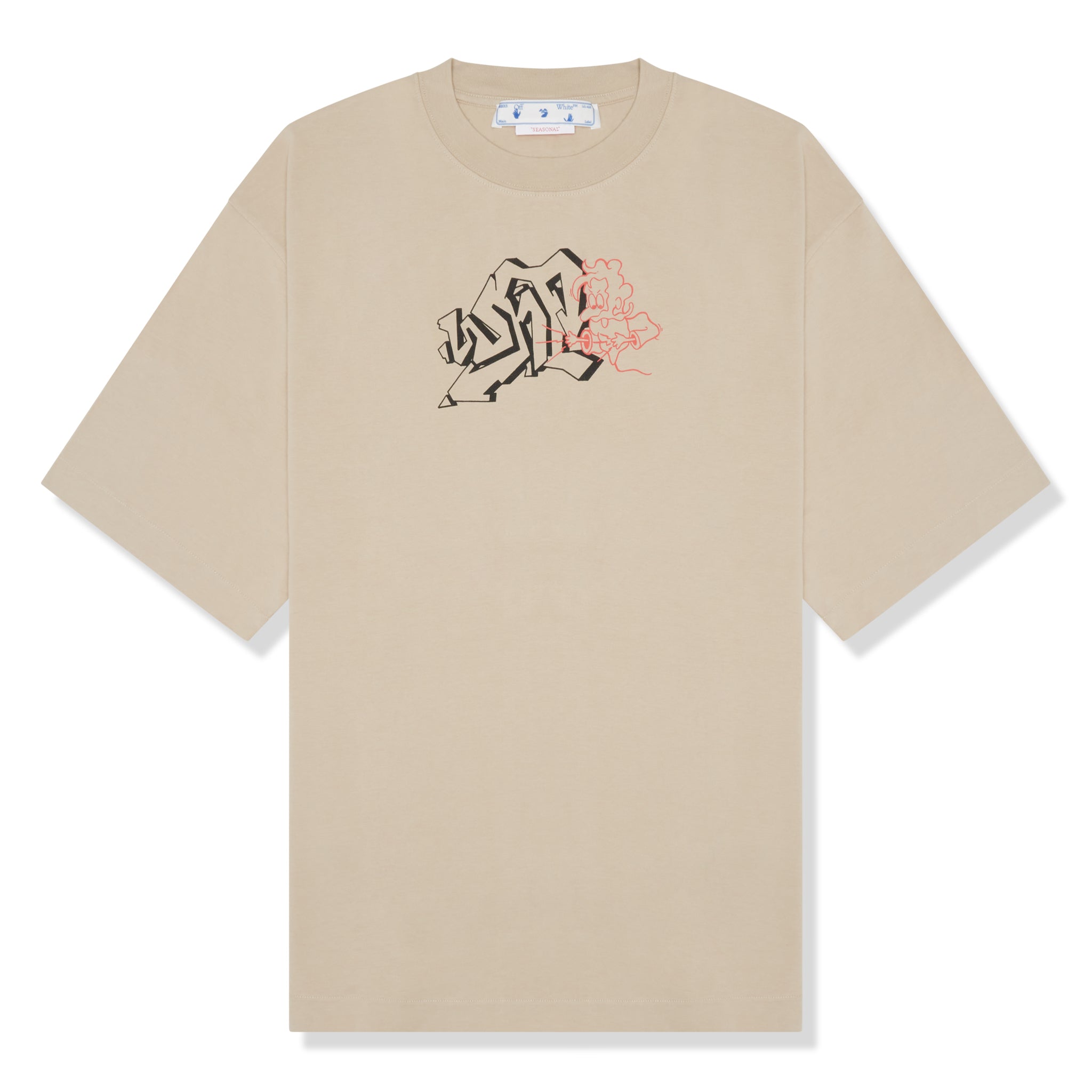 Off-White Beige T-Shirt with Graffiti Print.