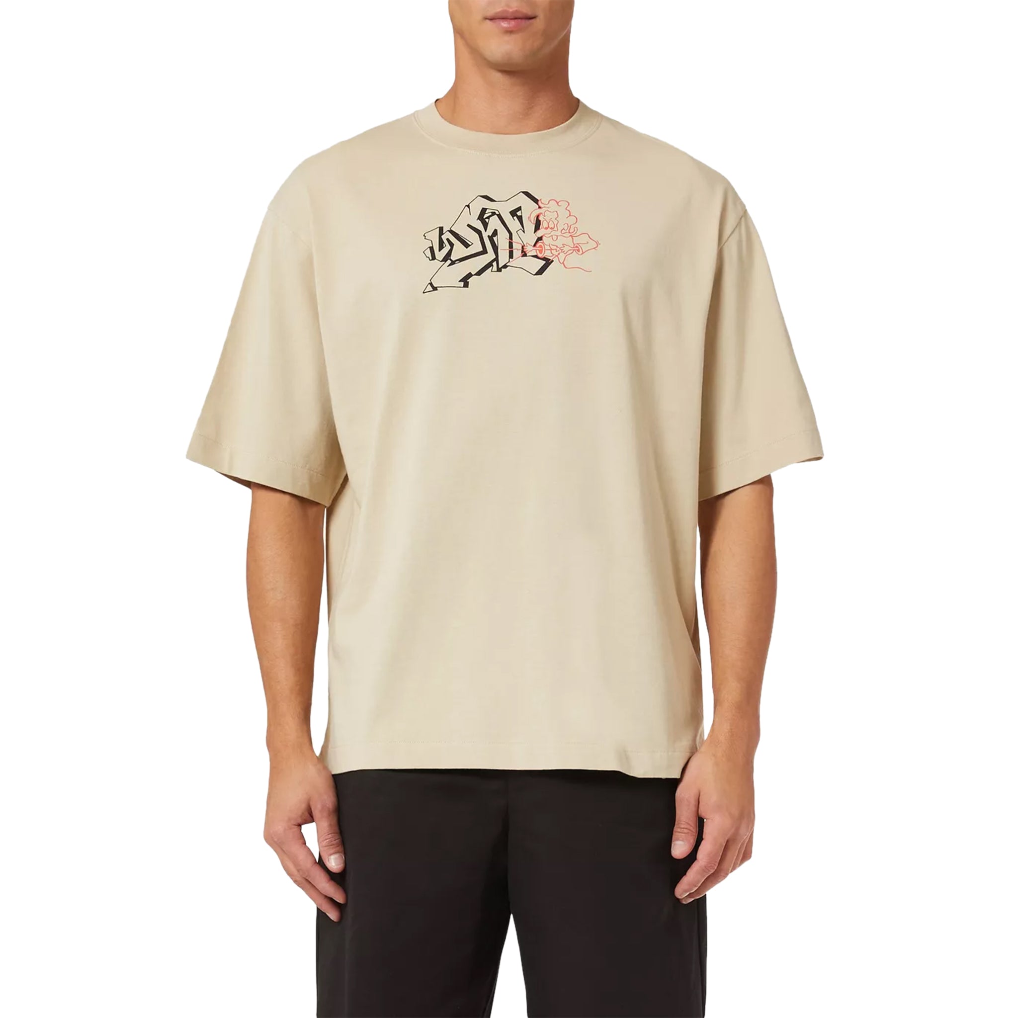 Off-White Beige T-Shirt with Graffiti Print.