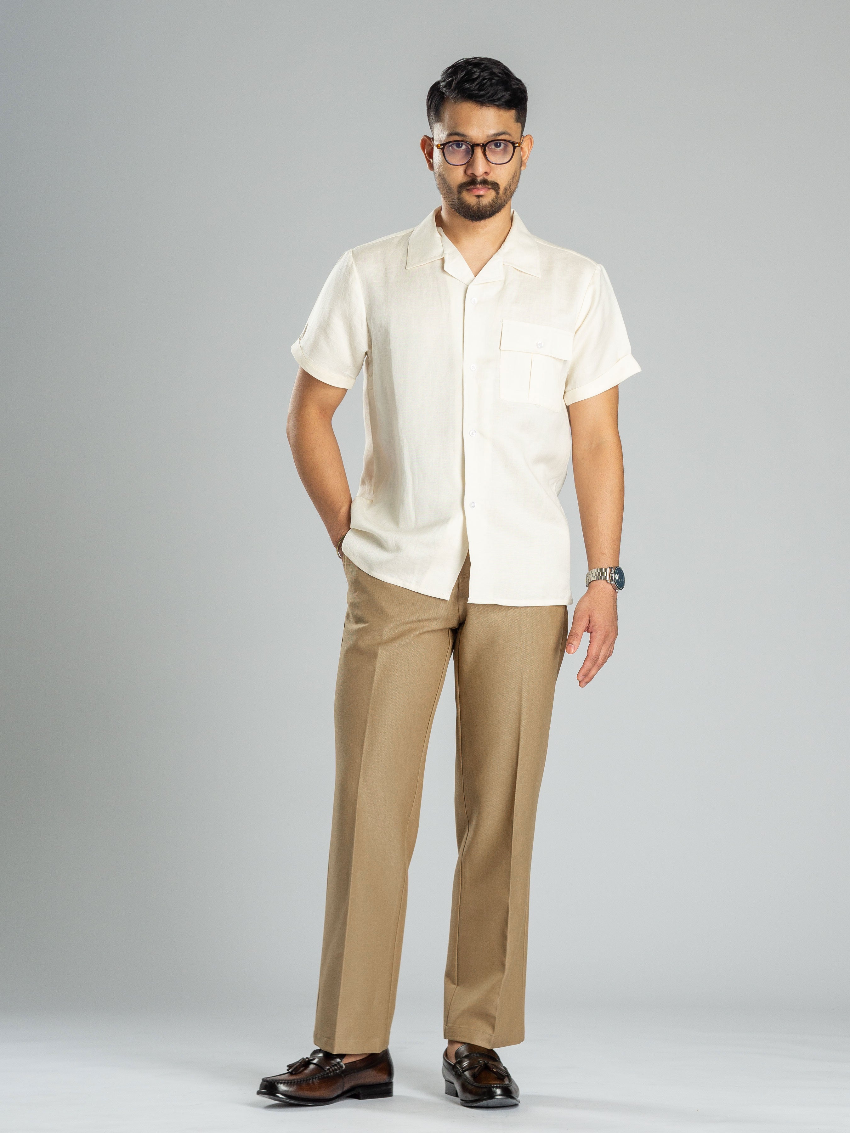 Off White Linen Cuban Collar Shirt - Buy Now