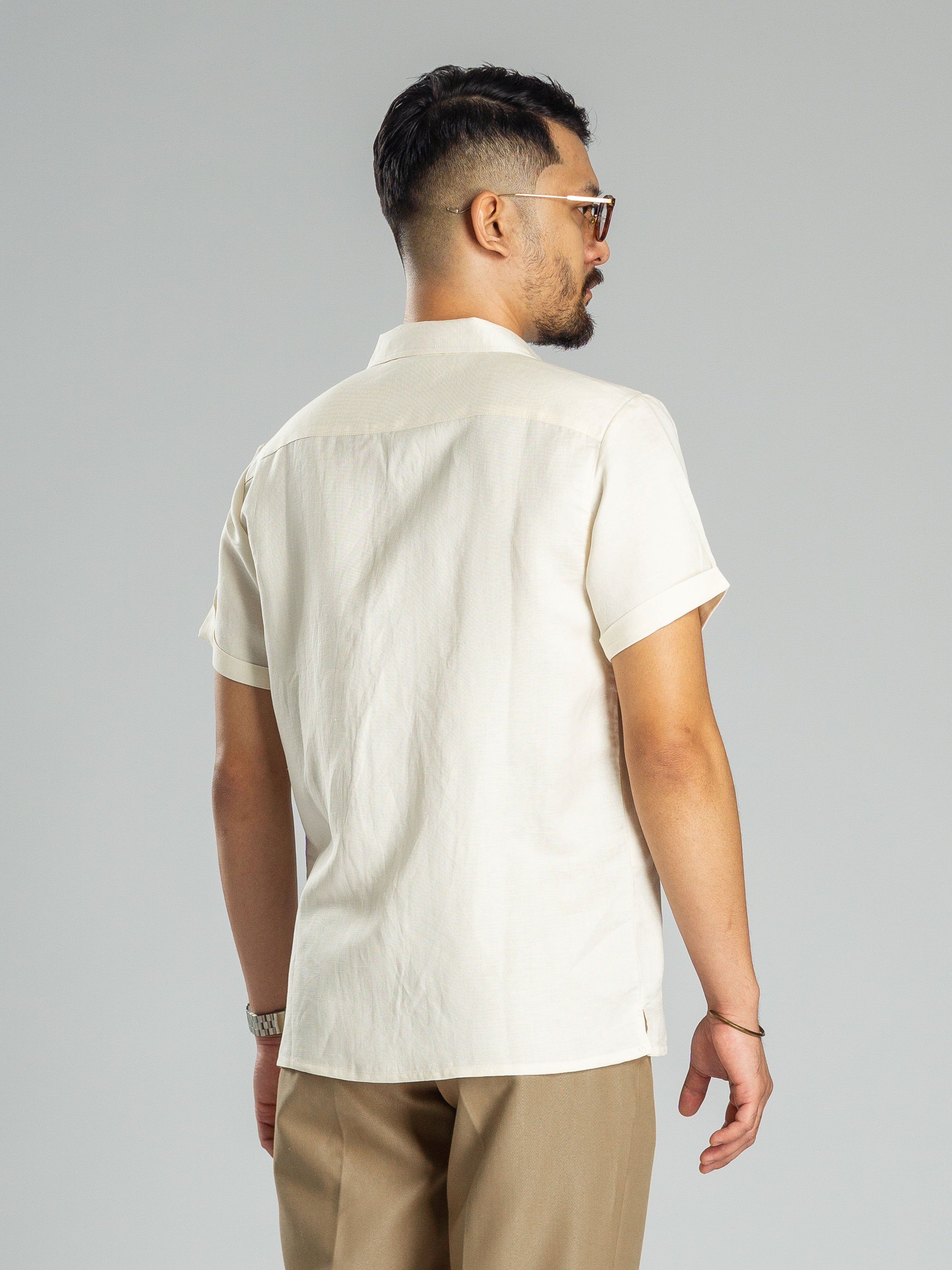 Off White Linen Cuban Collar Shirt - Buy Now