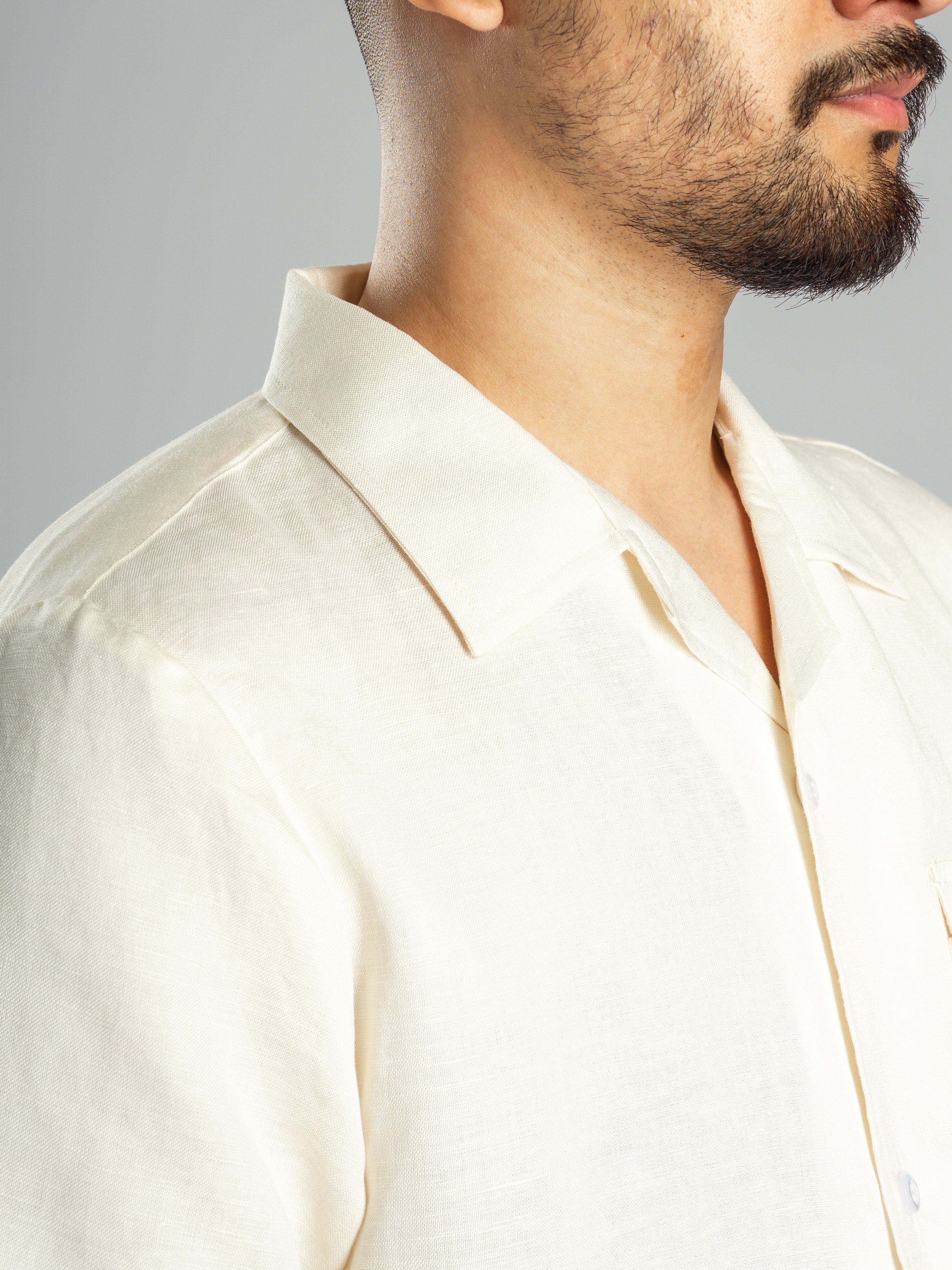 Off White Linen Cuban Collar Shirt - Buy Now