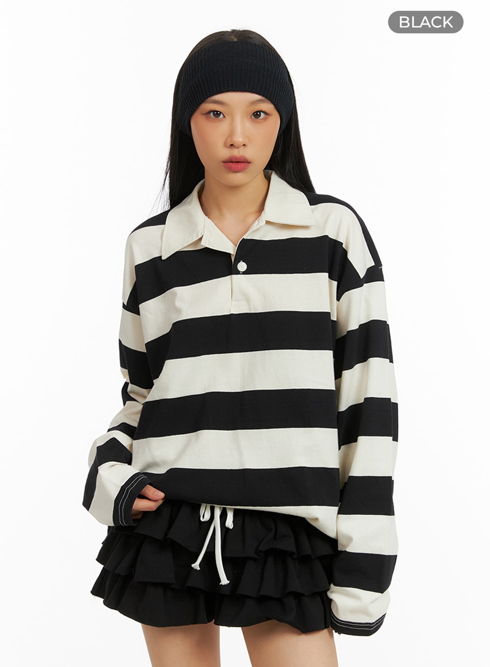 Oversized Collar Stripe Polo Shirt