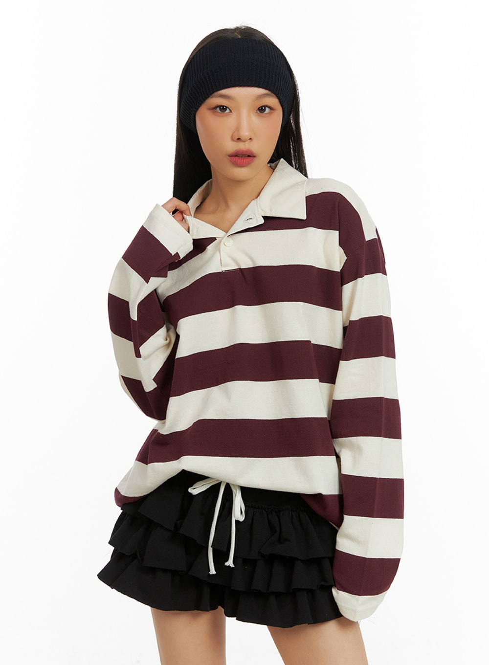 Oversized Collar Stripe Polo Shirt