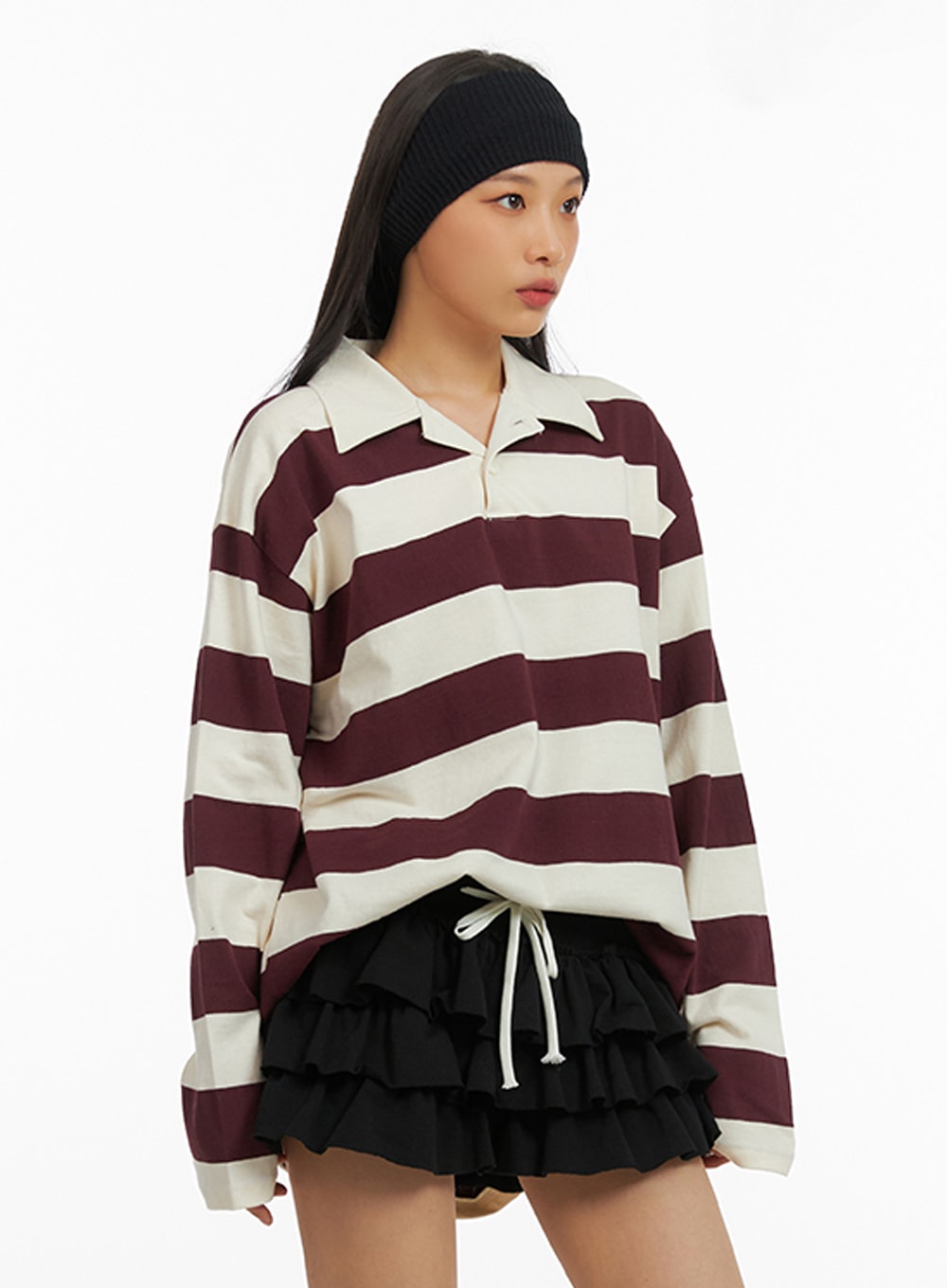 Oversized Collar Stripe Polo Shirt