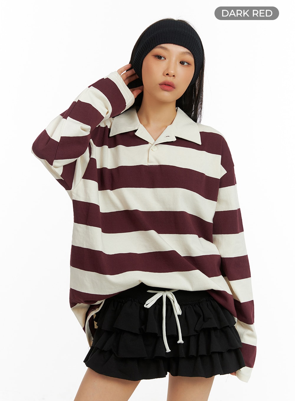 Oversized Collar Stripe Polo Shirt