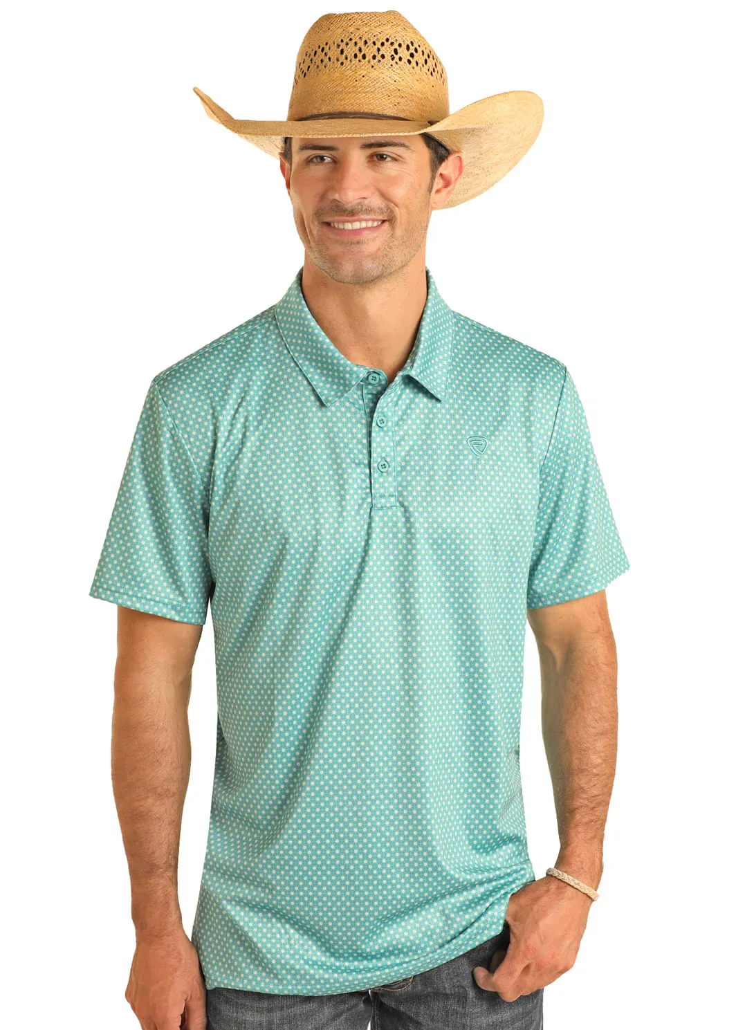 Panhandle Slim Men's Turquoise Polo Shirt with Micro Geo Print