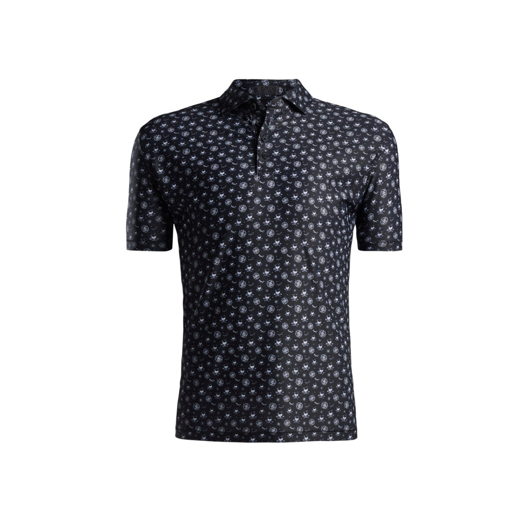 Printed polo shirt in onyx color with sketch design.