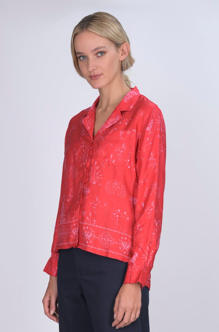 Red Silk Joy Print Jodie Shirt