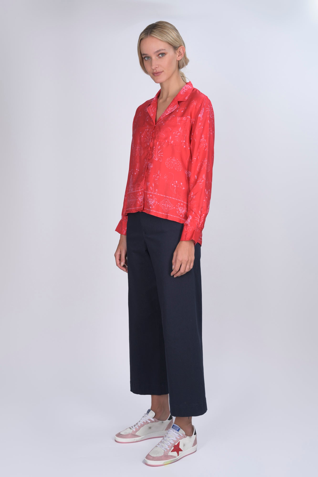 Red Silk Joy Print Jodie Shirt