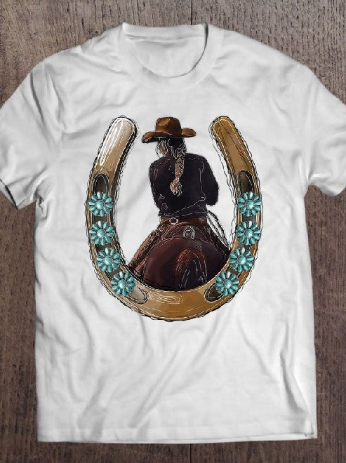 Retro Cowgirl Horseshoe Rodeo T-Shirts for Women