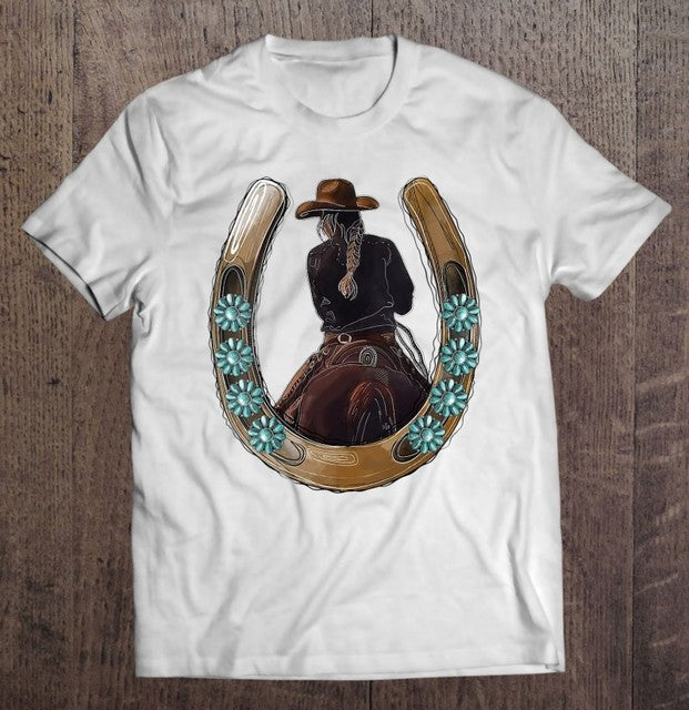 Retro Cowgirl Horseshoe Rodeo T-Shirts for Women