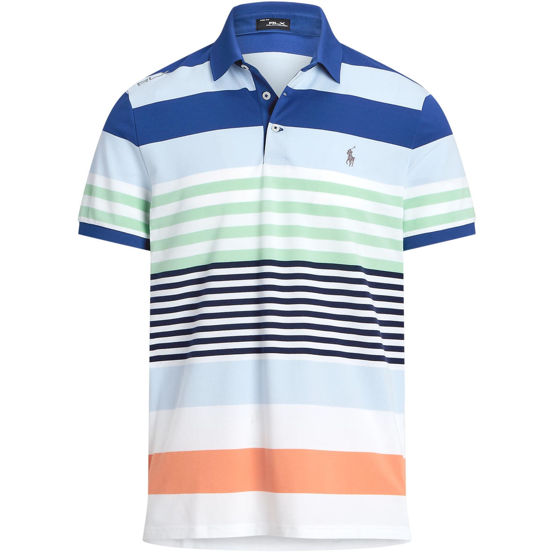 RLX Tailored Fit Cotton Knit Stripe Polo Shirt in Oxford Blue Multi for SS24.