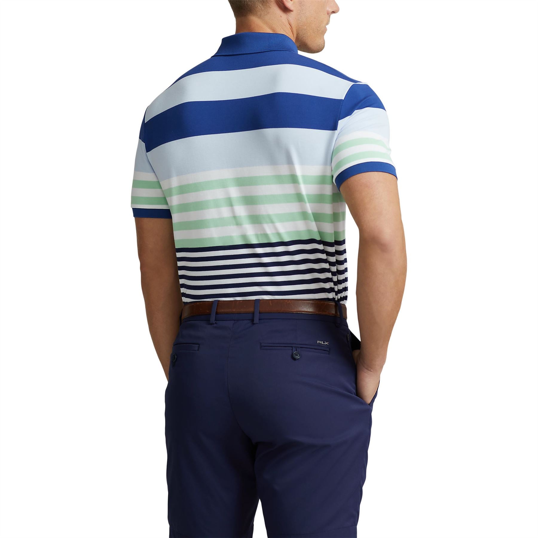 RLX Tailored Fit Cotton Knit Stripe Polo Shirt in Oxford Blue Multi for SS24.