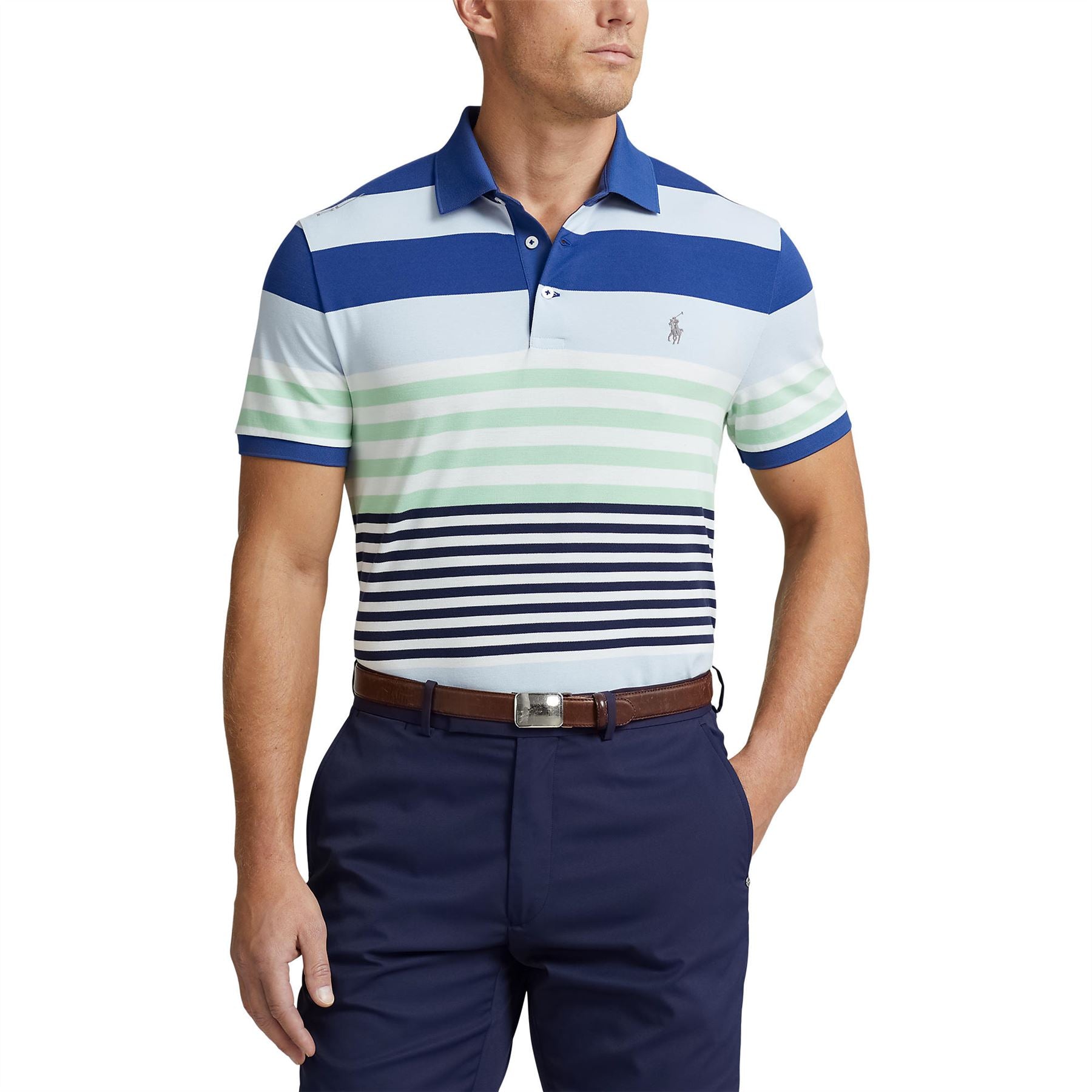 RLX Tailored Fit Cotton Knit Stripe Polo Shirt in Oxford Blue Multi for SS24.