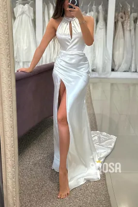 Satin High Neck Sleeveless Wedding Dress with Side Slit Train