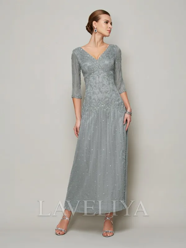 V-neck Beaded Chiffon Mother of the Bride Dress - Ankle-Length - XM230015