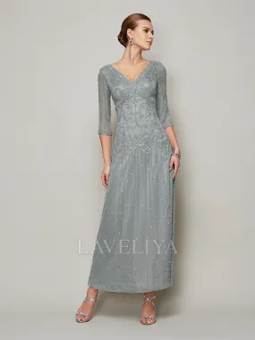 V-neck Beaded Chiffon Mother of the Bride Dress - Ankle-Length - XM230015