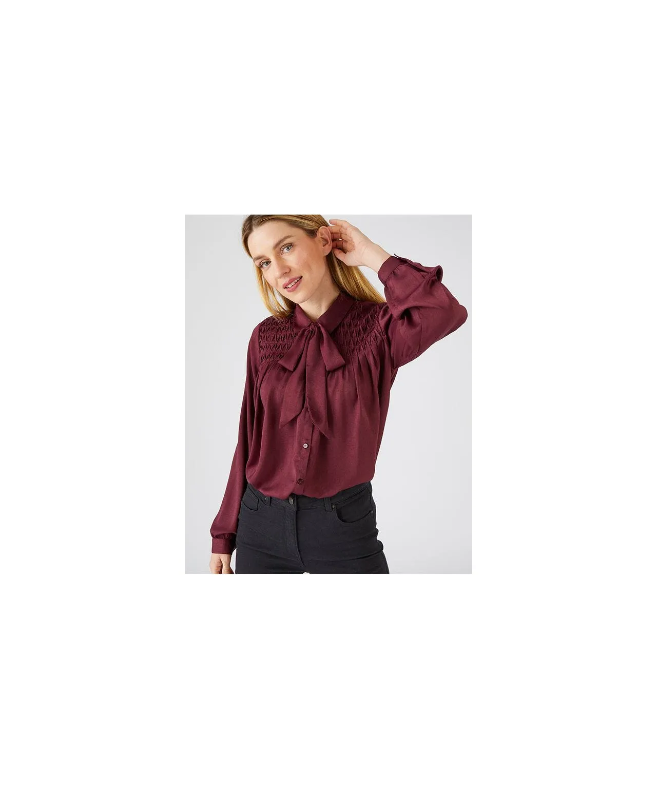 Smock Detail Tie Neck Blouse Retail Store