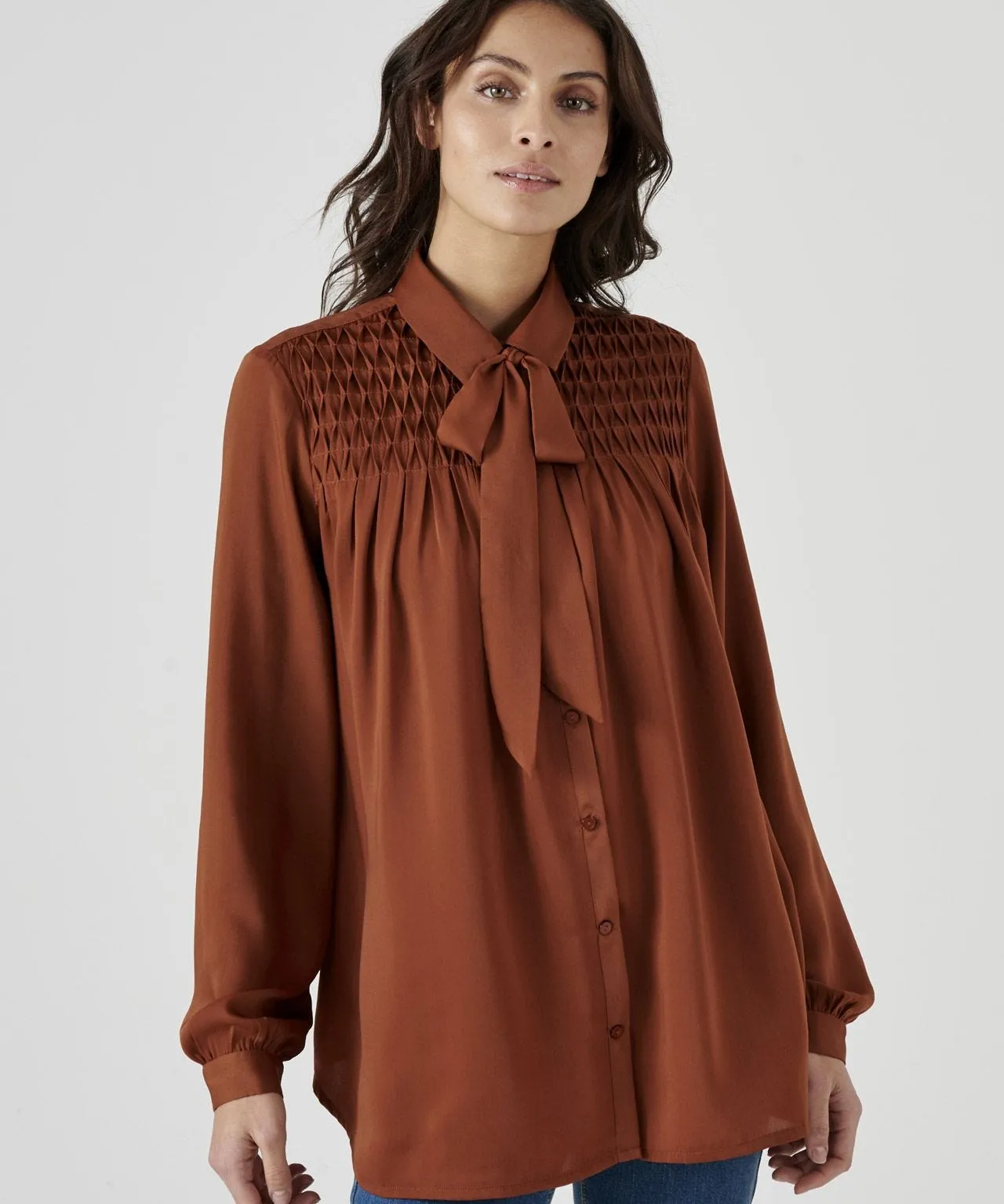 Smock Detail Tie Neck Blouse Retail Store