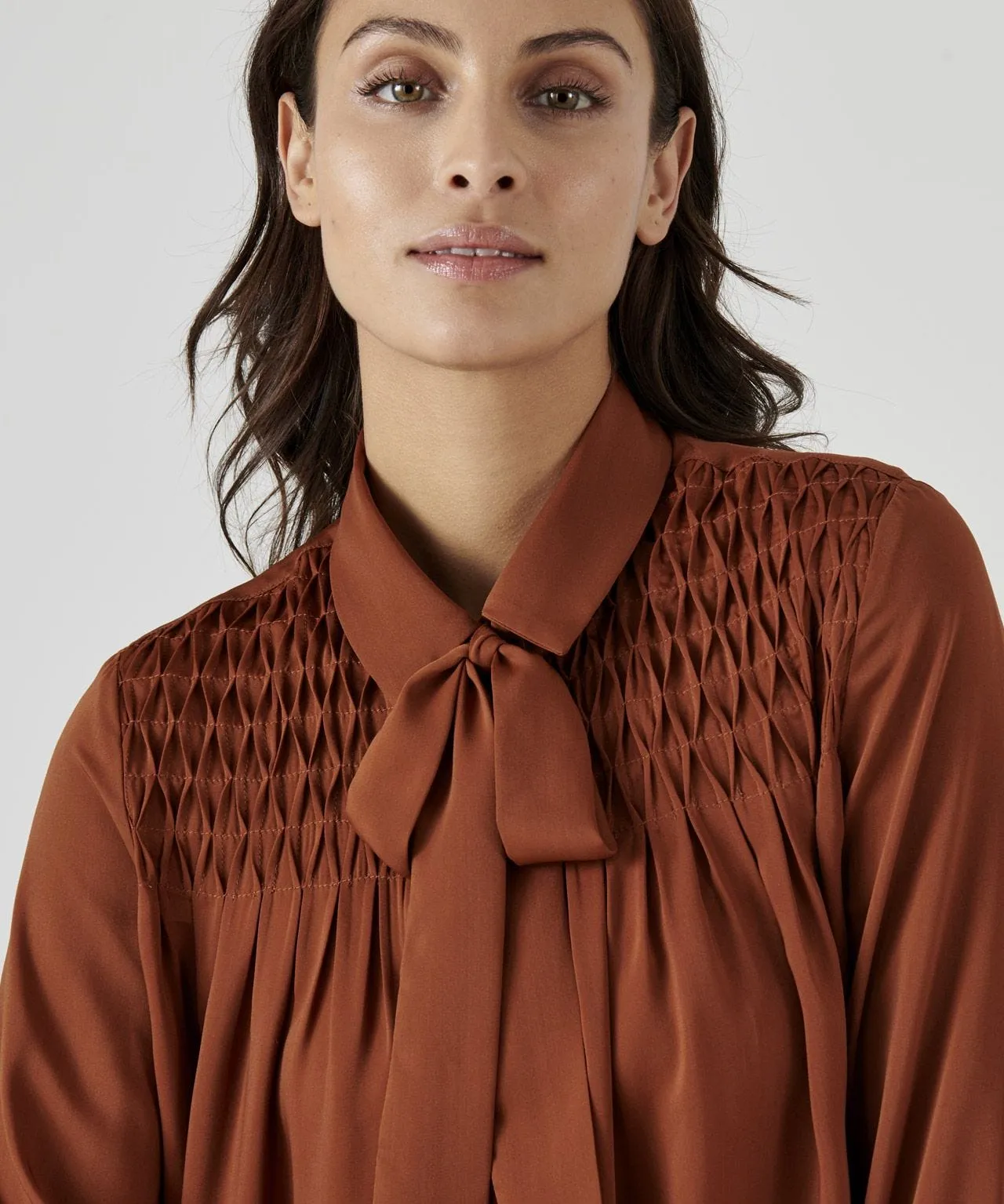 Smock Detail Tie Neck Blouse Retail Store