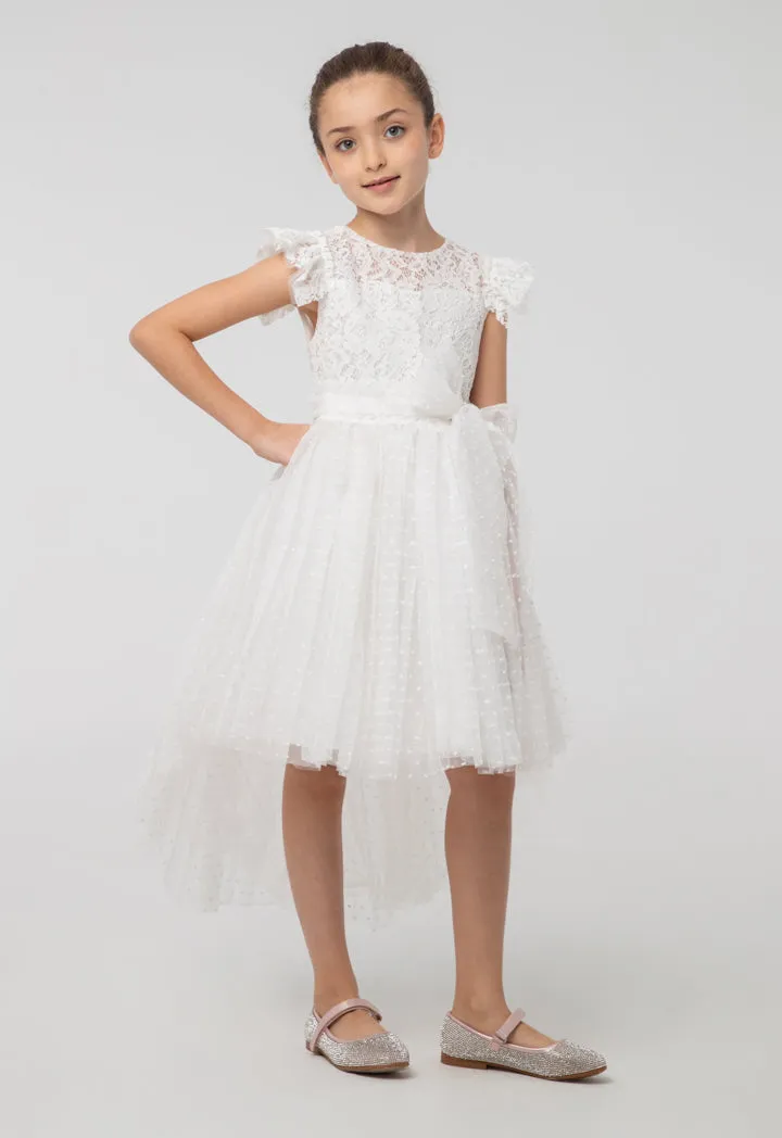 Solid Lace Dress with High-Low Hemline and Frayed Mesh Detailing